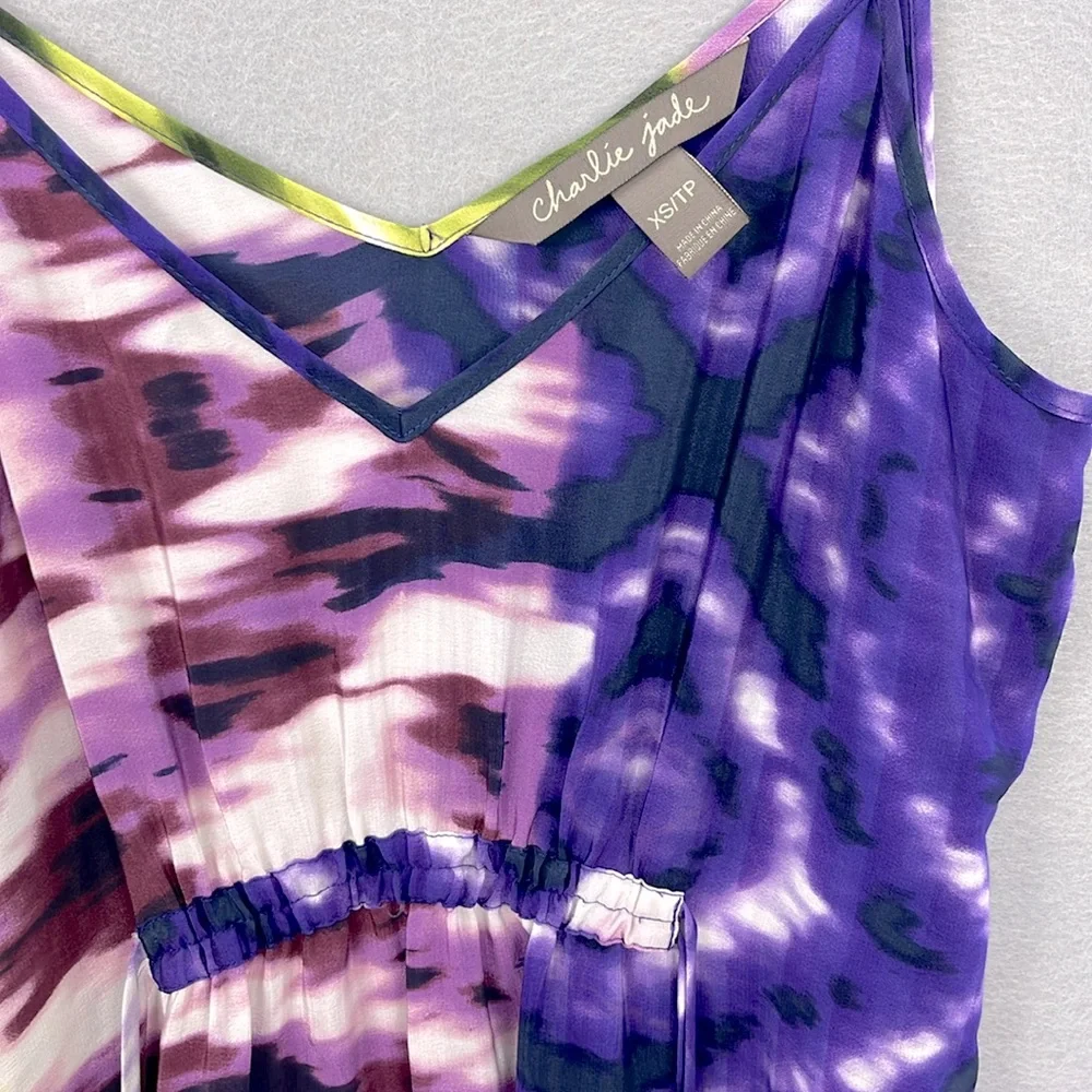Charlie‎ Jade -women’s 100% silk printed Maxi Dress V- Neck Green/purple size XS - Picture 2 of 7